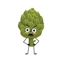 Artichoke character with angry emotions, grumpy face, furious eyes, arms and legs. Person with irritated expression, green vegetable emoticon. Vector flat illustration