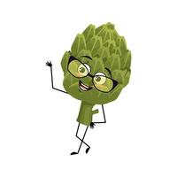 Artichoke character with glasses and happy emotion, joyful face, smile eyes, arms and legs. Person with happy expression, green vegetable emoticon. Vector flat illustration