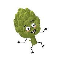 Artichoke character with happy emotion, joyful face, smile eyes, arms and legs. Person with happy expression, green vegetable emoticon. Vector flat illustration