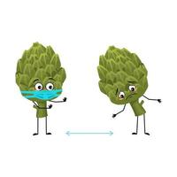 Artichoke character with sad emotions, face and mask keep distance, arms and legs. Person with care expression, green vegetable emoticon. Vector flat illustration