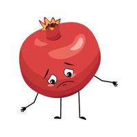 Pomegranate character with sad emotions, depressed face, down eyes, arms and legs. Person with melancholy expression, fruit emoticon. Vector flat illustration