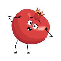 Pomegranate character with emotions in panic grabs his head, surprised face, shocked eyes, arms and legs. Person with scared expression, fruit emoticon. Vector flat illustration