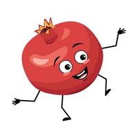 Pomegranate character with happy emotion, joyful face, smile eyes, arms and legs. Person with happy expression, red fruit emoticon. Vector flat illustration