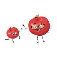 Pomegranate character with happy emotion, joyful face, smile eyes, arms and legs. Person with happy expression, red fruit emoticon. Grandmother with glasses and grandson dancing