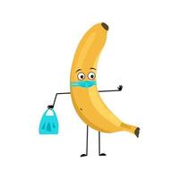 Banana character with sad emotions, face and mask keep distance, hands with shopping bag and stop gesture. Person with care expression, fruit emoticon. Vector flat illustration