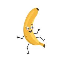Banana character with happy emotion, joyful face, smile eyes, dancing arms and legs. Person with expression, fruit emoticon. Vector flat illustration