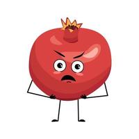 Pomegranate character with angry emotions, grumpy face, furious eyes, arms and legs. Person with irritated expression, fruit emoticon. Vector flat illustration