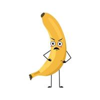 Banana character with angry emotions, grumpy face, furious eyes, arms and legs. Person with irritated expression, fruit emoticon. Vector flat illustration