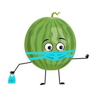 Green striped round watermelon character with sad emotions, face and mask keep distance, hands with shopping bag and stop gesture. Person with care expression, fruit emoticon. Vector flat illustration