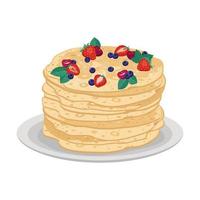 Thin pancakes on plate with sweet berries. Festive dish for Maslenitsa, carnival and Shrovetide. Delicious pastries. Vector flat food illustration