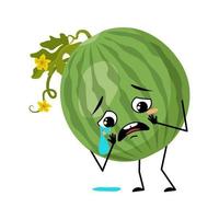 Green striped round watermelon character with crying and tears emotion, sad face, depressive eyes. Person with melancholy expression, fruit emoticon. Vector flat illustration