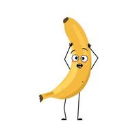 Banana character with emotions in panic grabs his head, surprised face, shocked eyes, arms and legs. Person with scared expression, fruit emoticon. Vector flat illustration