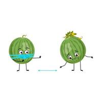 Green striped round watermelon character with sad emotions, face and mask keep distance, arms and legs. Person with care expression, fruit emoticon. Vector flat illustration