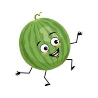 Green striped round watermelon character with happy emotion, joyful face, smile eyes, arms and legs. Person with happy expression, fruit or berry emoticon. Vector flat illustration