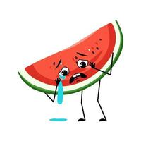 Watermelon character with crying and tears emotion, sad face, depressive eyes. Person with melancholy expression, fruit emoticon. Vector flat illustration