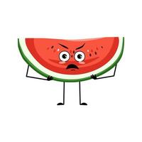 Watermelon character with angry emotions, grumpy face, furious eyes, arms and legs. Person with irritated expression, fruit emoticon. Vector flat illustration