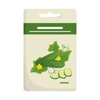 Pack with green cucumber seeds for planting healthy vegetables in garden and harvesting. Delicious food for cooking. Vector flat illustration