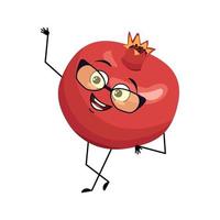 Pomegranate character with happy emotion and glasses, joyful face, smile eyes, arms and legs. Person with happy expression, red fruit emoticon. Vector flat illustration