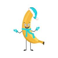 Banana character in Santa hat with happy emotion, joyful face, smile eyes, arms and legs. Person with expression, fruit emoticon. Vector flat illustration