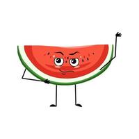 Watermelon character with emotions of hero, brave face, arms and leg. Person with courage expression, fruit emoticon. Vector flat illustration