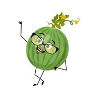 Green striped round watermelon character with happy emotion and glasses,, joyful face, smile eyes, arms and legs. Person with happy expression, fruit or berry emoticon. Vector flat illustration