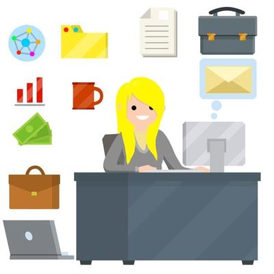 Woman sit at Desk with computer and typing message in front of monitor.