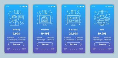 Language learning onboarding mobile app screens with service prices. Walkthrough website pages templates. Online language courses costs steps. Tariff plans. Smartphone payment web page layout vector