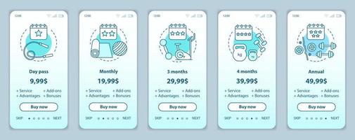 Fitness subscription onboarding mobile app screens prices. Walkthrough website pages templates. Gym membership costs. Tariff plans steps. Smartphone payment web page layout vector