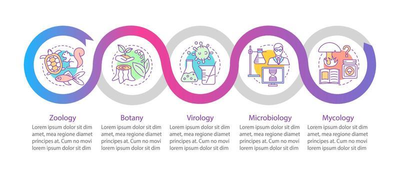 Biology branches vector infographic template. Zoology, botany, virology, microbiology, mycology. Data visualization with five steps and options. Process timeline chart. Workflow layout