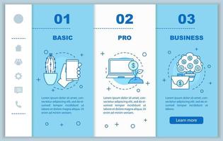 plantilla de vector de páginas web móviles de incorporación de desarrollo empresarial. opciones básicas y profesionales. servicios financieros. Software de negocios. interfaz de sitio web de teléfono inteligente sensible. pantallas de paso del tutorial de la página web