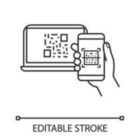 icono lineal de la aplicación de teléfono inteligente de escaneo de código qr. autorización de código de barras. Código de barras de lectura de teléfono móvil en pc. código que se muestra en el escaneo de la computadora portátil con el teléfono inteligente. dibujo de contorno aislado vectorial. trazo editable vector