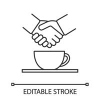 Successful business deal, partnership linear icon. Coffee meeting. Thin line illustration. Successful business lunch. Coffee break. Handshake and hot drink. Contour vector isolated outline drawing