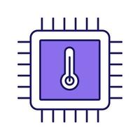 Processor temperature color icon. Core temp. CPU overheating. Chip, microchip, chipset. Heating central processing unit. Integrated circuit with thermometer. Isolated vector illustration