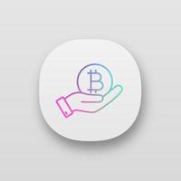 Open hand with bitcoin coin app icon. UI UX user interface. Buying or selling bitcoin. Cryptocurrency. Web or mobile application. Vector isolated illustration