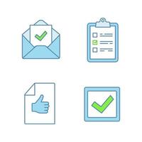 Approve color icons set. Verification and validation. Task planning, email confirmation, checkbox, approval document. Isolated vector illustrations