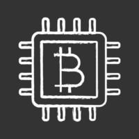 icono de tiza de minería de cpu. hardware de minería de criptomonedas. signo de bitcoin dentro del microchip. dinero digital ilustración de pizarra de vector aislado