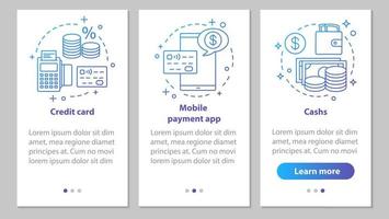 Banking onboarding mobile app page screen with linear concepts. Financial services. Credit card, cash, mobile payment app steps graphic instructions. UX, UI, GUI vector template with illustrations