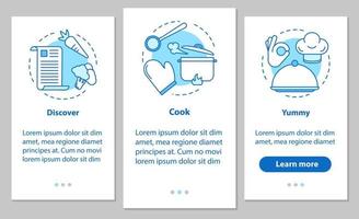 Cooking food onboarding mobile app page screen with linear concepts. Discover recipes, meal preparation, yummy steps graphic instructions. UX, UI, GUI vector template with illustrations