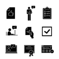 Approve glyph icons set. Approval document, person checking, checklist,approval chat, contract signing, checkbox, certificate, approved website. Silhouette symbols. Vector isolated illustration