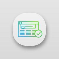 Approved website app icon. Web page. Successful login. UI UX user interface. Web or mobile application. Authorization. Web site with check mark. Web browser verification. Vector isolated illustration