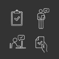 Approve chalk icons set. Verification and validation. Clipboard with check mark, person checking document, contract signing, approval chat. Isolated vector chalkboard illustrations