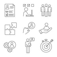 Business management linear icons set. Resume, task solving, team, solution, staff hiring button, smart goal, online interview, teamwork, person in hand. Isolated vector illustrations. Editable stroke