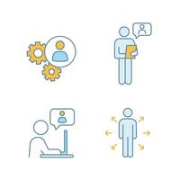 Business management color icons set. Teamwork, online job interview, chatting, decision management. Isolated vector illustrations