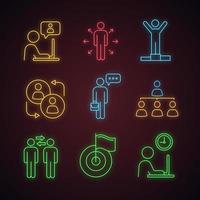 Business management neon light icons set. Chatting, decision, success, partnership, speech, hierarchy, partners, achievement, working hours. Glowing signs. Vector isolated illustrations