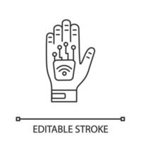 Human microchip implant in hand linear icon. Thin line illustration. NFC implant. Implanted RFID transponder. Contour symbol. Vector isolated outline drawing. Editable stroke