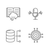 Machine learning linear icons set. Voice recognition, cloud computing, relational database, digital settings. Thin line contour symbols. Isolated vector outline illustrations. Editable stroke