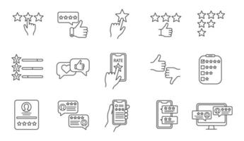 Rating linear icons set. Customer feedback and reviews. Ranking. Service satisfaction. Likes and dislikes. Positive, negative reviews. Isolated vector outline illustrations. Editable stroke