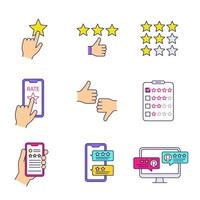 Rating color icons set. Add to favorite, customer review and feedback, app rating, like and dislike, quality survey. Isolated vector illustrations