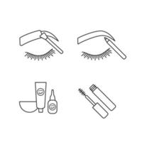 Eyebrows shaping linear icons set. Brows tinting and contouring with pencil, eyebrows and eyelash dye kit, mascara. Thin line contour symbols. Isolated vector outline illustrations. Editable stroke