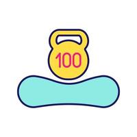 Maximum weight limit up to 100 kg color icon. Mattress weight recommendation per person of hundred kilograms. Sleeper suitable mass. Mattress and kettlebell. Isolated vector illustration